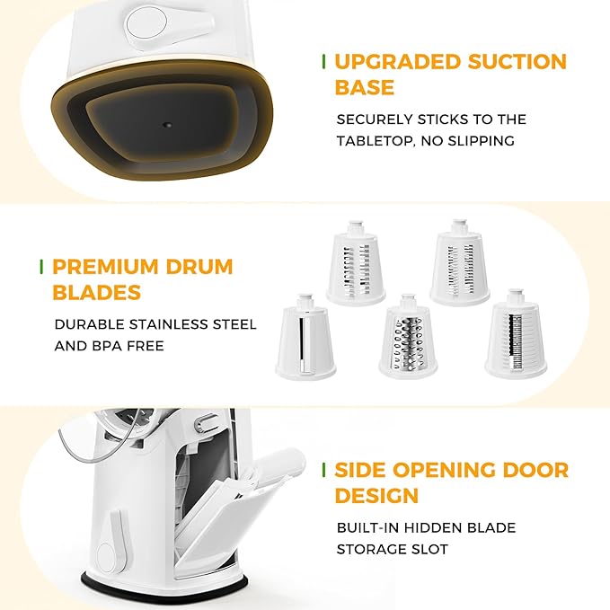 7 IN 1 Upgraded Rotary Cheese Grater with Handle – Vegetable Shredder with Built-in Storage Blade Slot, 5 Versatile Blades, Strong Suction Base Round Mandoline Slicer, Food Chopper for Kitchen