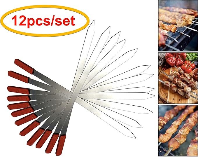 Premium Stainless Steel Barbecue Skewers BBQ Outdoor Grill Skewer stick with Solid Wood Handle for Grilling Shish Kebob Koubideh Persian Brazilian Kebab 1" wide and 24" long (12pcs)