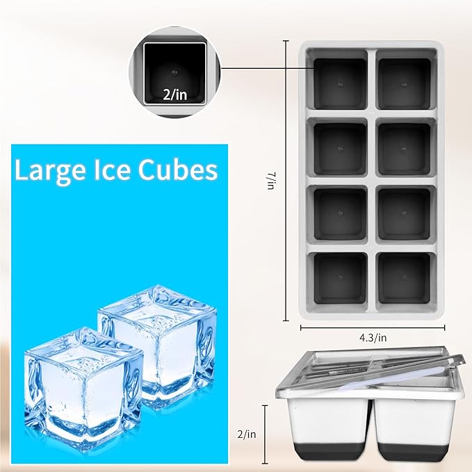 Large Ice Cube Trays with Lid, Jrisbo 2 Pack Stackable Silicone Ice Cube Molds for Freezer, Easy Release 16 Big Square Ice Trays for Whisky Cocktails (Black)