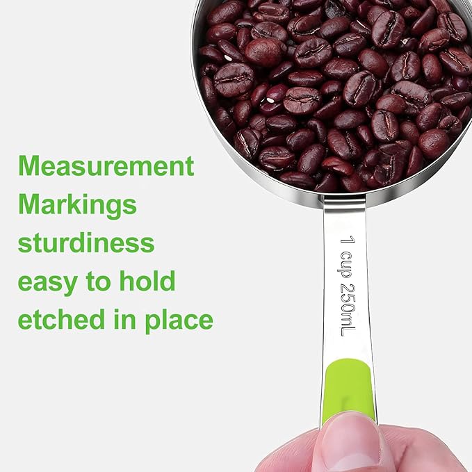 Measuring Cups and Spoons Set Stainless Steel 10 Piece for Cooking and Baking (5 Cups + 5 Spoons, Green Handle)