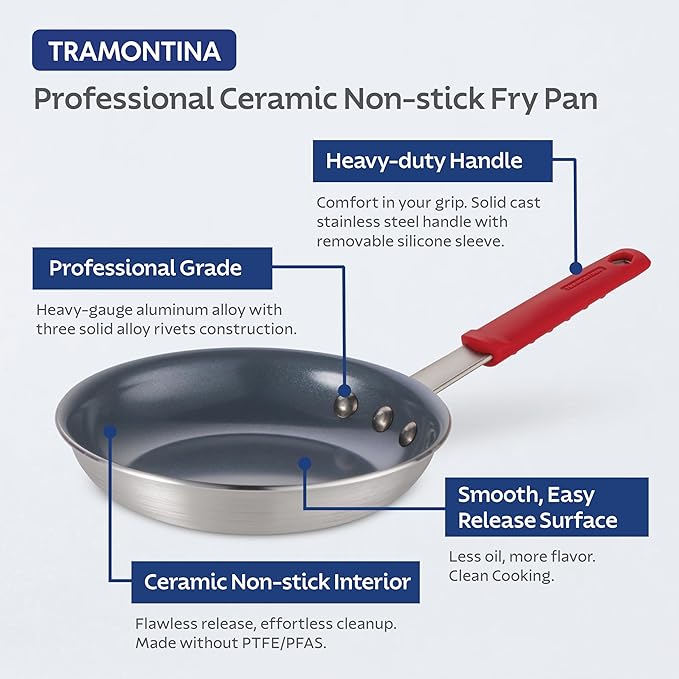 Tramontina Professional 12-Inch Ceramic Non Stick Large Frying Pan, Heavy-Gauge Aluminum Skillet with Nonstick Coating, Dishwasher and Oven Safe, Gray