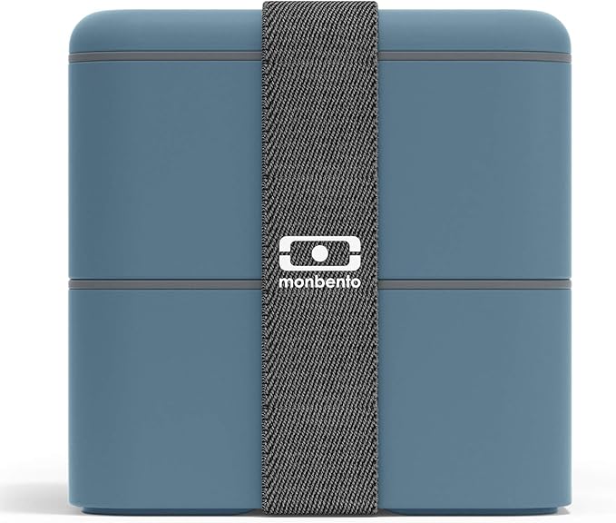 MONBENTO - Large Bento Box MB Square Denim with Compartments - Leakproof Lunch Box for Work or School or Meal Prep - BPA Free - Food Grade Safe - Blue