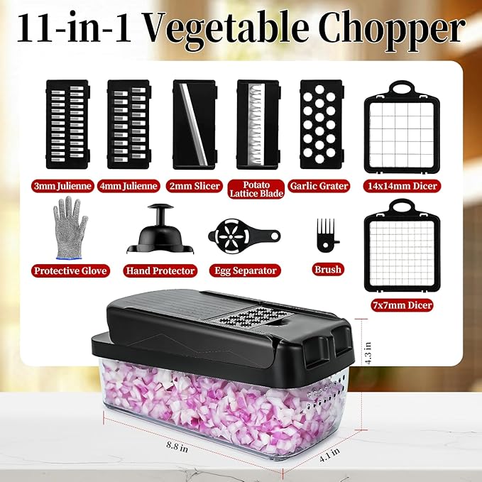 Vegetable Chopper Slicer Food Chopper with Container Veggie Dicer Cutter Salad Chopper Mandoline Slicer Cheese Grater Includes Hand Guards and Gloves & Kitchen Gadgets