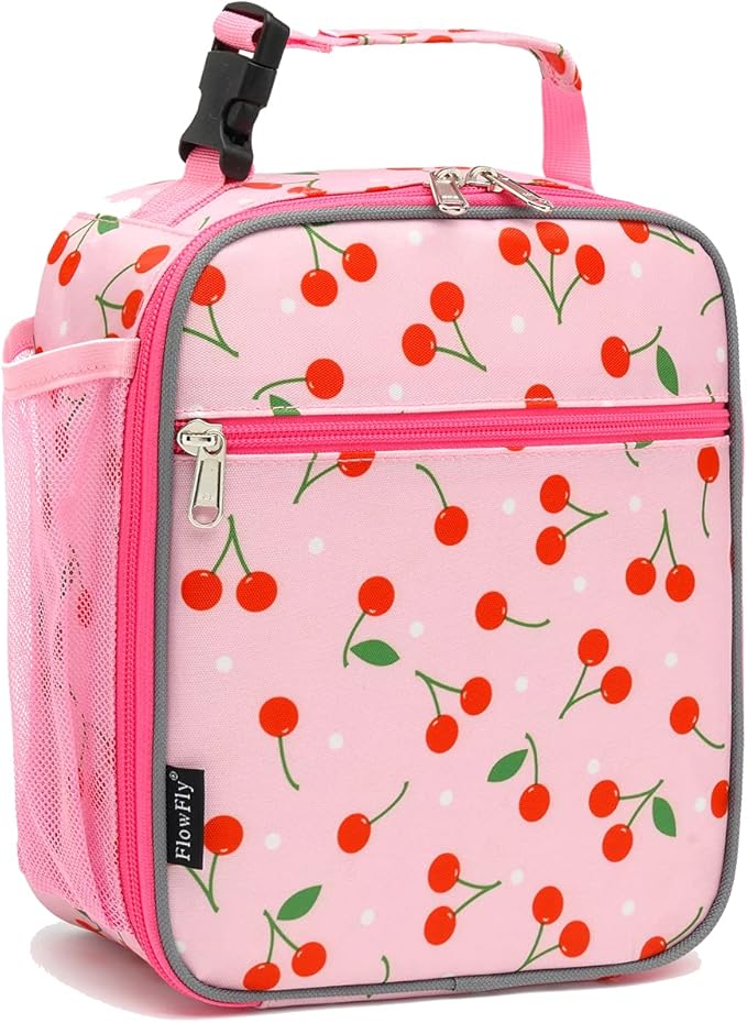 FlowFly Kids Lunch box Insulated Soft Bag Mini Cooler Back to School Thermal Meal Tote Kit for Girls, Boys, Cherry