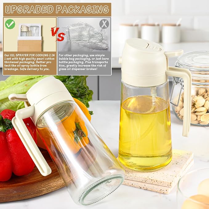 Oil Sprayer for Cooking 2pcs,2 in 1 Oil Dispenser and Oils Sprayer Kitchen Gadgets-16oz Glass Oils Spray Bottle,Mist Olive OilDispenser,Air Fryer,Salad,Grill (White Kitchen Accessories)