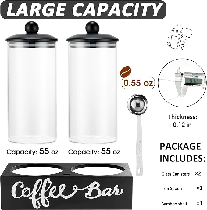 Yangbaga Glass Sugar Coffee Canister for Ground Coffee,2×55OZ Coffee Containers with Handle Shelf Coffee Bar Station Accessories Organizer Decor,Food Storage Jars with Iron Scoop for Kitchen