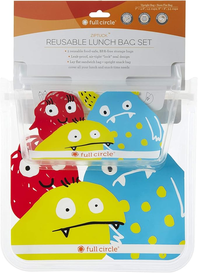Full Circle ZipTuck Kids Reusable Plastic Food and Storage Bag, Lunch Set of 2, Monster