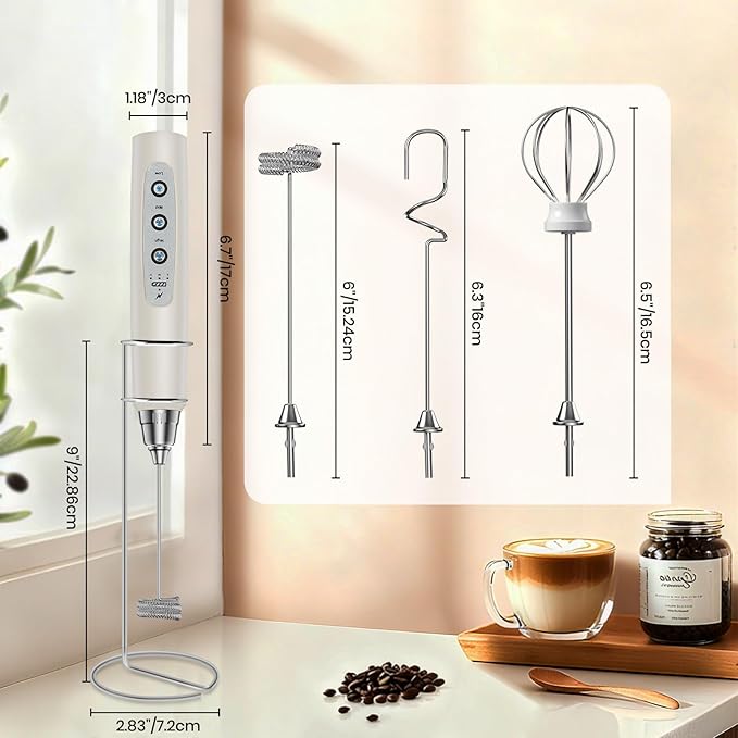 Milk Frother Handheld Rechargeable with Stand, Frother Wand Drink Mixer Electric Whisk for Coffee, Detachable With 3 Stainless Whisks, Hand Mixer for Lattes, Cappuccino, Matcha, Egg, Beige