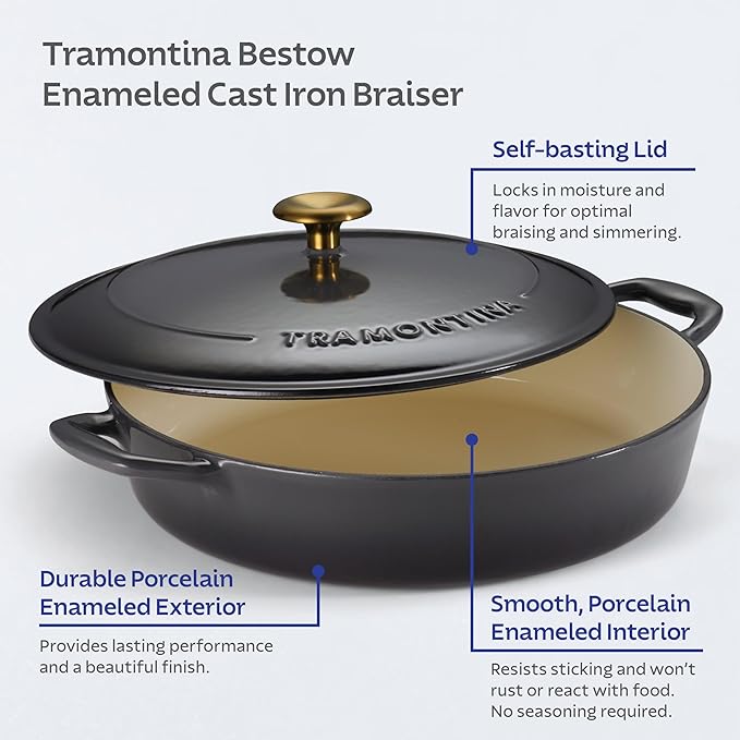 Tramontina Bestow Enameled Cast Iron Braiser Pan with Lid, 4-quart, Smoke with Gold Knob