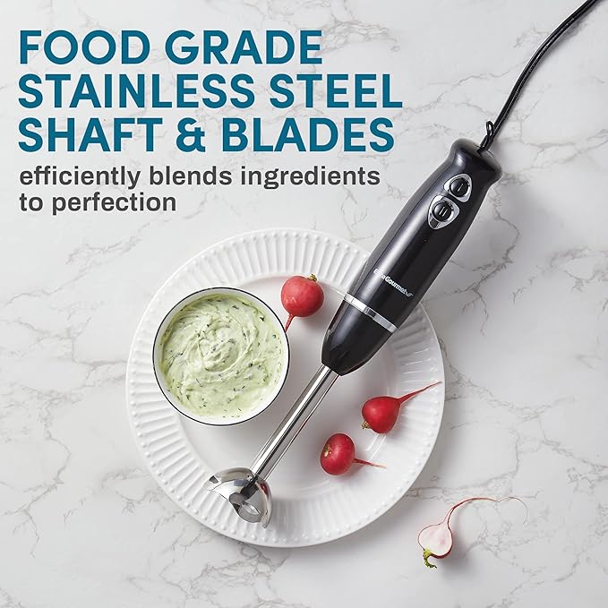 Elite Gourmet EHB1015 Immersion Hand Blender 500 Watts 2 Speed Mixing with Stainless Steel Blades, Detachable Wand Stick Mixer, Smoothies, Baby Food, Soup, Black
