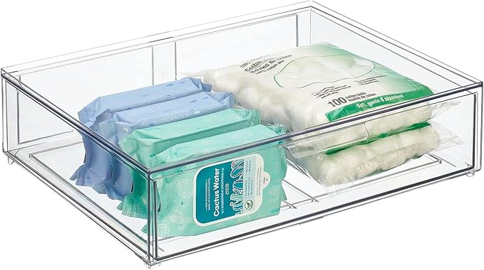 mDesign Wide Plastic Stackable Bathroom Storage Organizer Bin with Pull Out Drawer for Cabinet, Vanity, Shelf, Cupboard, Cabinet, Countertop, or Closet Organization - Lumiere Collection - Clear