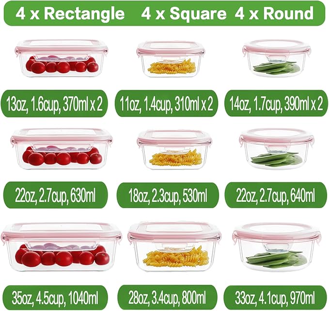 HOMBERKING 24pc Glass Food Storage Containers with Lids, Airtight Glass Bento Boxes, BPA Free & Leak Proof, Pantry Kitchen Storage (12 Lids & 12 Containers) - Pink