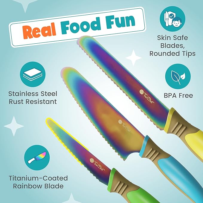 Kids Knife Set for Real Cooking | Skin Safe Chef Set for Ages 3+ with Rainbow Blades, Cutting Board, Scraper, Recipe Cards | Jr Chef Cooking Gift for Teens & Kids (16 Pcs)