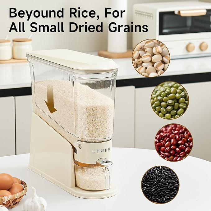 Rice Dispenser 22Lbs, Slim Rice Storage Container for Small Space, BPA-Free Clear Dry Food Dispenser Sealed Moisture Proof, Grain&Cereal Storage Bucket for Kitchen Pantry Household, Cream White