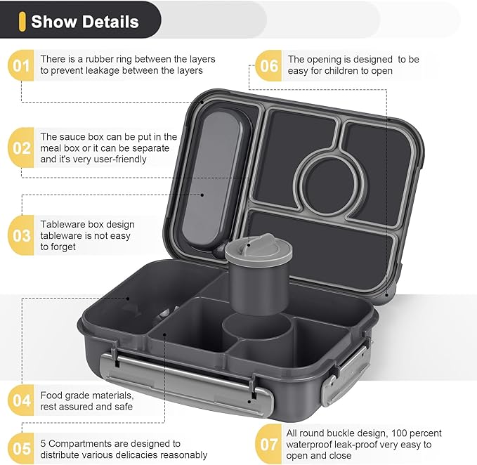 Bento Box Adult Lunch Box Kids,Lunch Containers for Adults/Kids/Toddler,5 Compartments Bento Lunch Box with Sauce Vontainers,Microwave & Dishwasher & Freezer Safe,BPA-Free (Dark Gray)