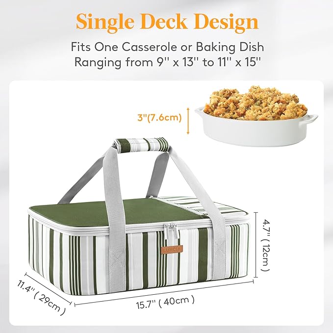 LUNCIA Insulated Casserole Carrier for Hot or Cold Food, Lasagna Lugger Tote for Potluck Parties/Picnic/Cookouts, Fits 9"×13" Baking Dish, Dark Green