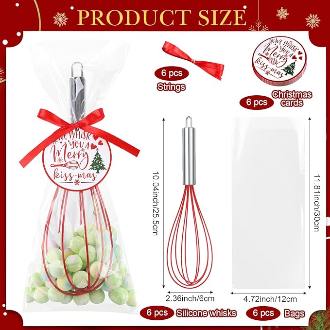 6 Sets 10 Inch Christmas Whisks Gifts DIY Fillable Christmas Tree Ornaments Xmas Colored Silicone Whisks for Cooking Heat Resistant Egg Beaters with Card Rope Bag for Candy Holder