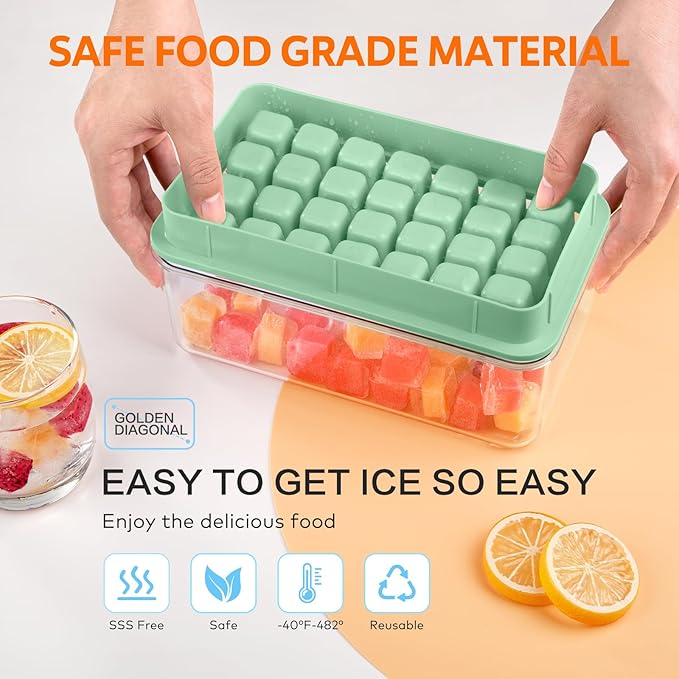 Longzon Ice Cube Tray with Lid and Bin, 56 Pcs Ice Cube Trays for Freezer, Ice Cube Mold, Ice Molds Spill-Resistant Removable Lid & Ice Scoop, Ice Mold for Whiskey Cocktail, Tea, Coffee -Green