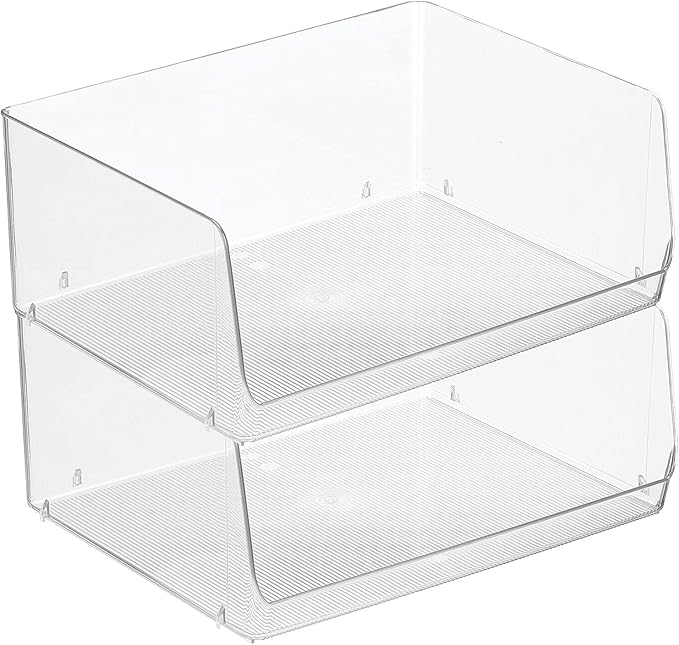 mDesign Extra Wide Stackable Plastic Food Storage Organizer Bin Basket with Open Front for Household Kitchen Cabinets, Pantry, Offices, Closets, Bedrooms, Bathrooms - 15.2" Wide, 2 Pack - Clear