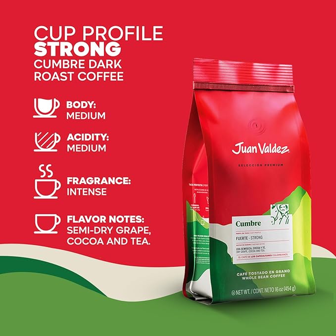 Juan Valdez Cumbre Whole Bean Coffee, Dark Roast 16 OZ - 100% Colombian Coffee - Expert Blend of Colombian Coffees with intense flavors and dry fruit notes