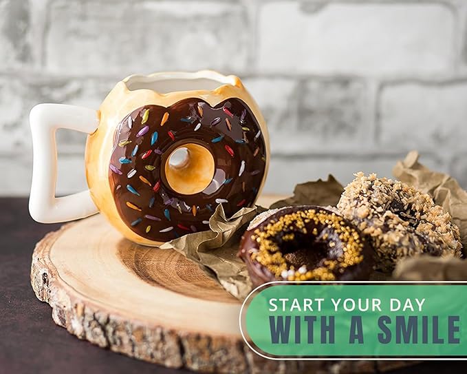 Ceramic Donut Cup – Chocolate Glaze with Sprinkles – Funny “MMM... Donuts!” Quote – Best Cup for Coffee, Tea & More – Large 14 oz – Brown