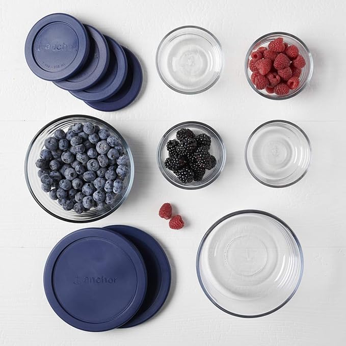 Anchor Hocking 12 Piece Glass Storage Containers with Lids (6 Glass Food Storage Containers & 6 Navy Blue SnugFit Lids)