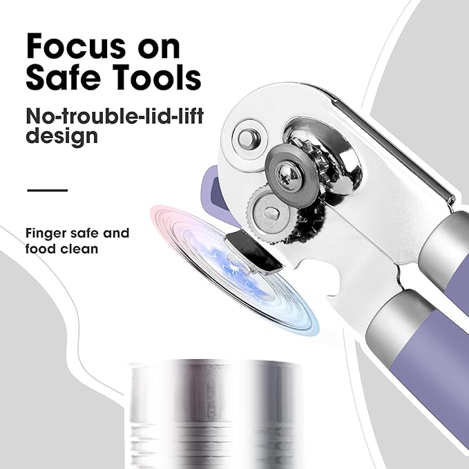 Beneno Heavy Duty Hand Can Opener Manual with Magnet, Durable Sharp Carbon Steel Blade Smooth Cutting, Big Effort-Saving Knob, Soft Grip Handle, Multifunctional Kitchen Tool with Bottle Opener, Purple