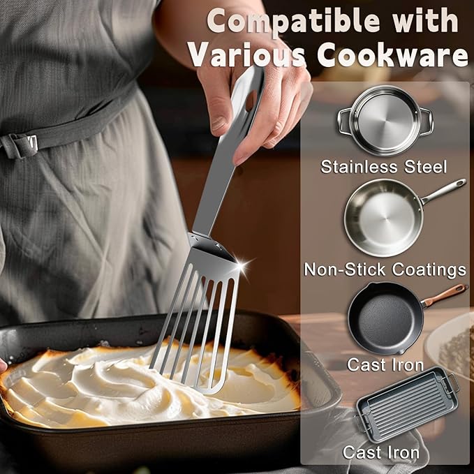 Fish Spatula Stainless Steel, Metal Fish Turner Spatula, Metal Spatulas for Kitchen Use, Thin-Edged Design Ideal for Cooking, Turning & Grilling (13 In, Silver)