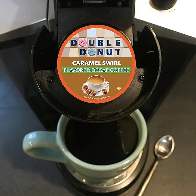 Double Donut Coffee Decaf Caramel Swirl Flavored Coffee Pods, Decaf Medium Roast Coffee, Compatible with Keurig K Cups Brewers 72 Count