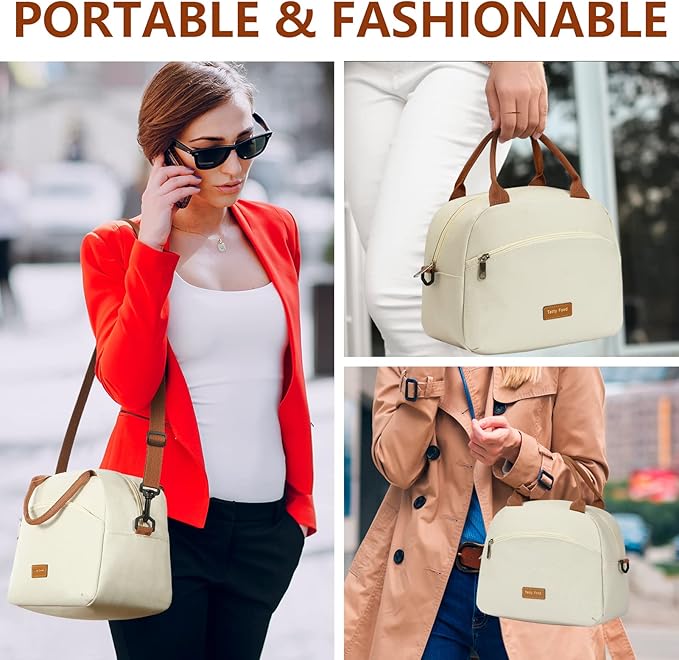 Insulated Lunch Bag For Women, Men Waterproof Cooler Bag Lunch Box For Women Portable Reusable Two-Tone,With Adjustable Straps Can Be Used For Work,White and Brown