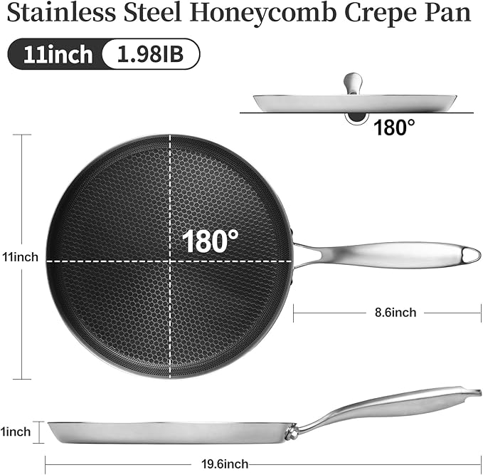 Innerwell Stainless Steel Crepe Pan - 11inch Nonstick Crepe Pan, Stainless Steel Honeycomb Coating Pancake Pan, Non Stick Flat Skillet Tawa Dosa Tortilla Griddle Pan, Induction Compatible, PFOA Free