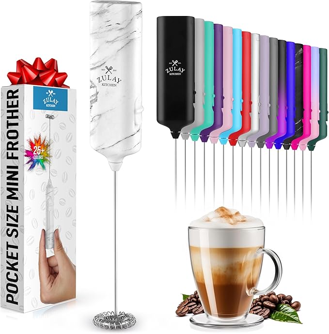 Mini & Mighty Milk Frother Wand – Powerful Handheld Coffee Frother, Battery Operated Drink Mixer – Compact Pocket Size – Detachable Whisk for Latte, Cappuccino, Matcha, Hot Chocolate – White Marble