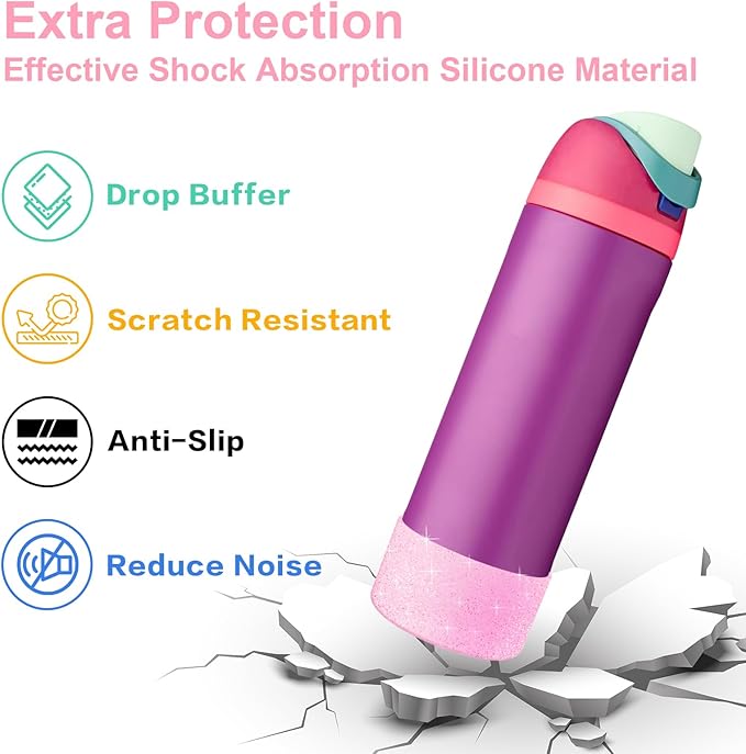 2PCS Silicone Water Bottle Boot for Owala 24oz, Protective Bottom Bumper Anti-Slip Sleeve for FreeSip, Twist, and Flip Stainless Steel Bottles, Dishwasher Safe and BPA Free(Shiny Purple Pink)