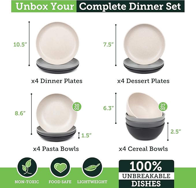 Grow Forward 16-piece Premium Wheat Straw Dinnerware Sets for 4 - Unbreakable Dishwasher and Microwave Safe Plastic Plates and Bowls Sets - Patio, Outdoors, RV, Camping Dishes - Moonlight