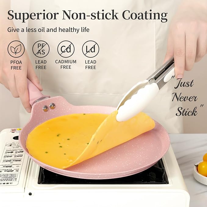 Innerwell 11 inch Nonstick Crepe Pan, Granite Coating Flat Skillet Dosa Tawa Tortilla Pan, Pink Large Pancake Griddle Comal Pan, Compatible with All Stovetops, PFOA Free