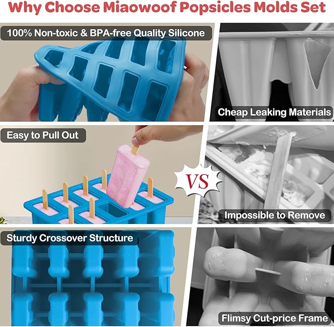 Miaowoof Homemade Popsicle Molds, 10-Cav Non-BPA Silicone Ice Pop Maker, with 50 Sticks, 50 Bags, 10 Reusable Sticks, Funnel, Brush and Ice Pop Recipe (Blue)