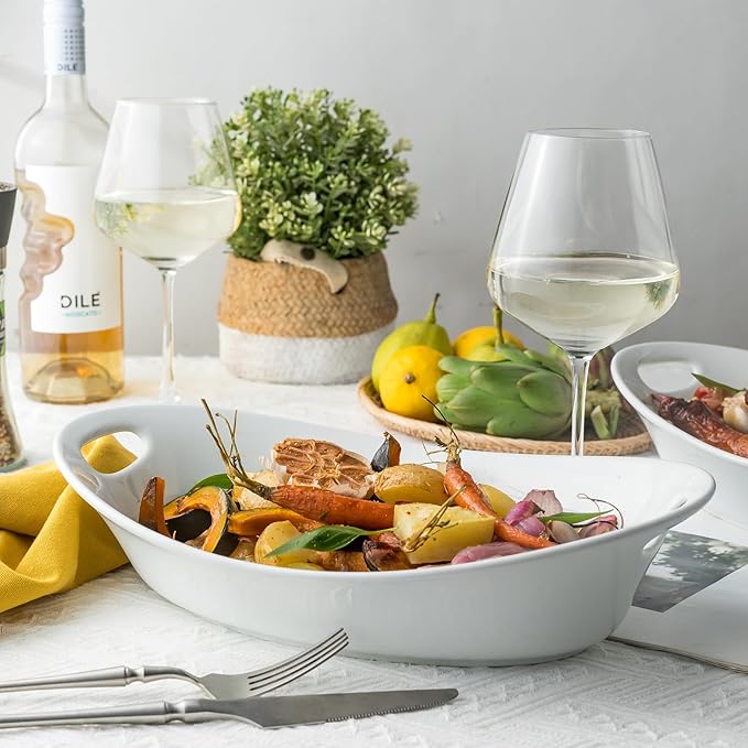 YHOSSEUN Large Serving Bowl with Handles, 1.5 Quarts Oval Serving Platter for Turkey, Thanksgiving Serving Dishes for Entertaining, Ceramic Salad Bowls Set of 2 White