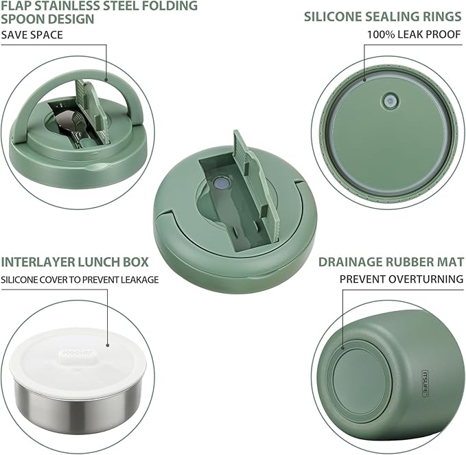 Soup Thermos for Hot Food Insulated Food Jar 32oz, Vacuum Insulated Stainless Steel Lunch Container - Wide Mouth Thermo for Soup & Food, Insulated lunch box Leakproof Bento Box with Spoon (Green)