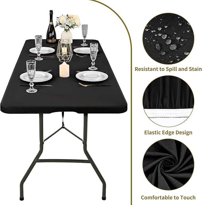 6 Pack Stretch Fabric Table Top Cap Cover, fits 6' Tables, Spandex Table Covers Washable Elastic Universal Rectangle Tablecloth Protector for Indoor Outdoor Party Picnic Wedding, Black, 30" W x 72" L