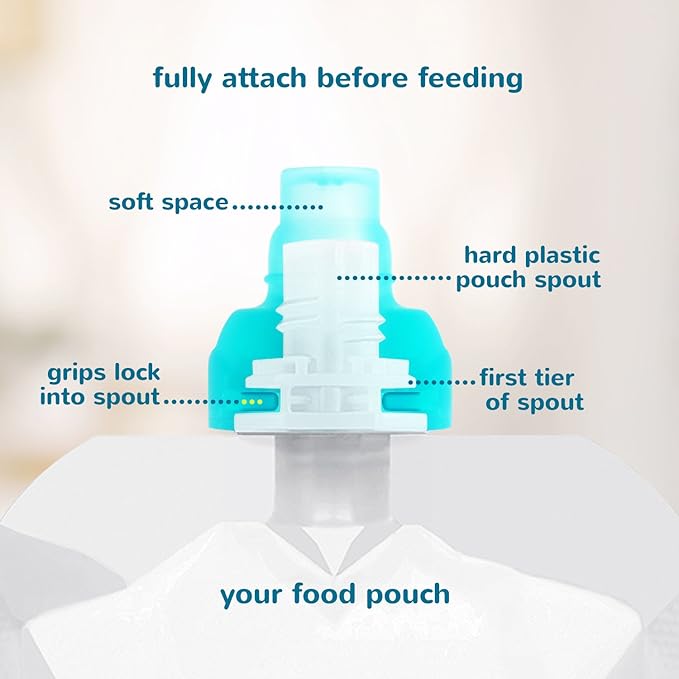 ChooMee SoftSip Food Pouch Top | Baby Led Weaning | No Spill Flow Control Valve, Protects Childs Mouth, 100% Silicone, BPA Free | 2CT Aqua Purple