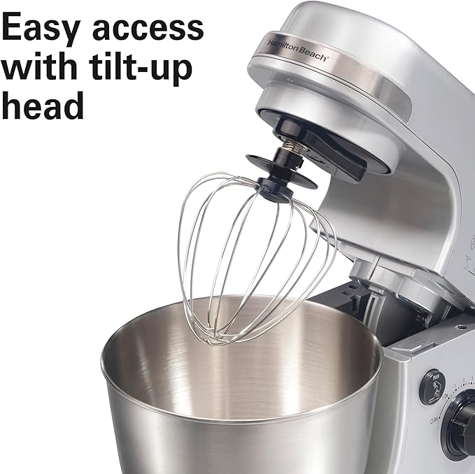 Hamilton Beach Electric Stand Mixer, 4 Quarts, Dough Hook, Flat Beater Attachments, Splash Guard 7 Speeds with Whisk, Silver