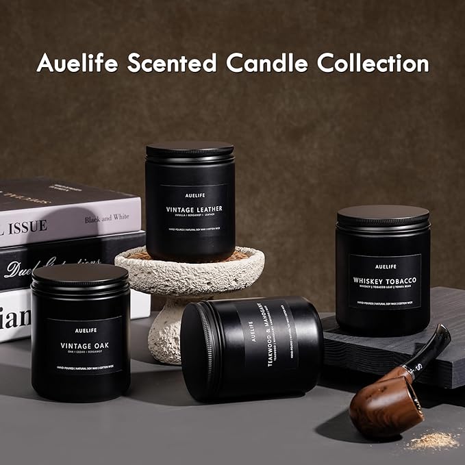 Scented Candles Set | Gifts for Men - 4Pack Masculine Candle, Soy Candles for Home Scented, Aromatherapy Gift for Dad Fathers Day, Home Fragrance of Whiskey Tobacco/Mahogany/Amber Patchouli/Leather