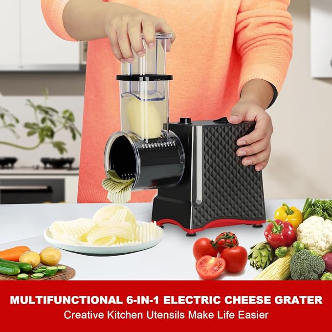 YOTAN Electric Cheese Grater, Electric Slicer Shredder with 6 Blades, 250W Salad Shooter, Enlarged Inlet and Dispenser, Automatic Vegetable Slicer for Cheeses, Fruits, Vegetables