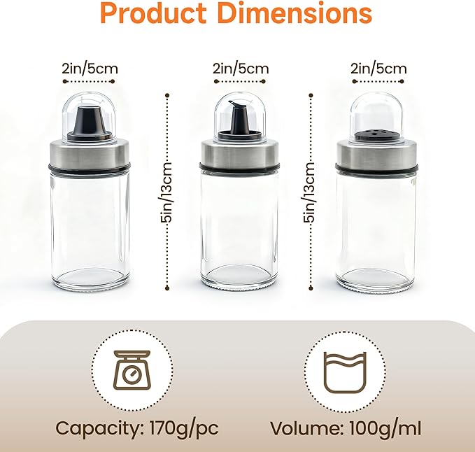 Mlici Oil and Vinegar Dispenser Set of 6 Bottles, Stainless Steel Salt Pepper Holder with 360° Rotating Holder, Cruet Soy Sauce - Premium Glass Condiment for Kitchen, Tabletop, Kitchen Containers