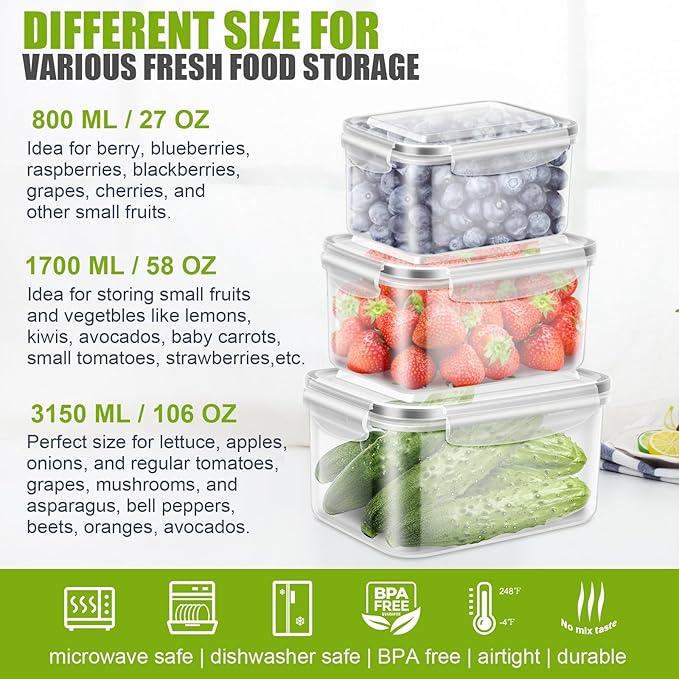 3 Pack Fridge Berry Storage Container with Lids with Strainer, Plastic Fresh Produce Saver Keeper for Vegetable Fruit Meat Lettuce, BPA Free Kitchen Refrigerator Organization (3.15L+1.7L+0.8L)