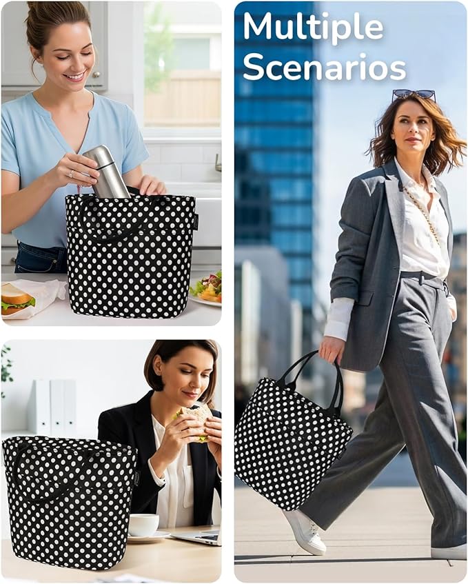Aosbos Lunch Tote Bag, Insulated Lunch Box for Women, Leakproof Lunch Cooler Purse for Work, Polka Dot