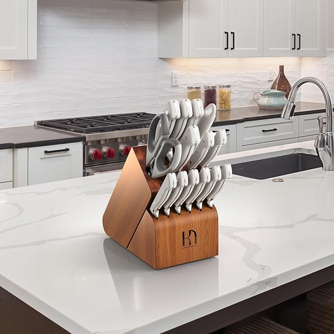 Knife Set, 15 Pcs Kitchen Knife Block Set, Enduring Razor-Sharp Japanese High Carbon Stainless Steel Chef Knife Set with Block and Sharpener, Premium Knives Set for Kitchen, White Acacia