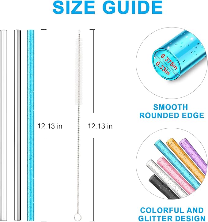 8PCS Color Replacement Straws for Stanley Owala Simple Modern, Alwenid Reusable Glitter Clear Stainless Steel Straws Accessories for Tumbler Mug Cup, BPA Free and Dishwasher Safe(7*Tritan+1*Metal)
