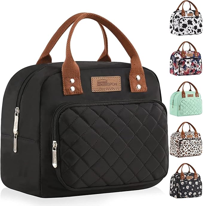 HOMESPON Lunch Bag for Woman Man Adults with Front Pocket Insulated Lunch Tote Lunch Box Container for Work Picnic or Travel(Black)