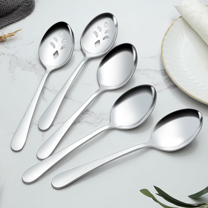 BEWOS 12-Piece Serving Spoons Set, 6 Serving Spoon and 6 Slotted Spoons, 9.1-Inch Utensils Set for Parties, Stainless Steel, Dishwasher Safe, Large Spoon For Buffet